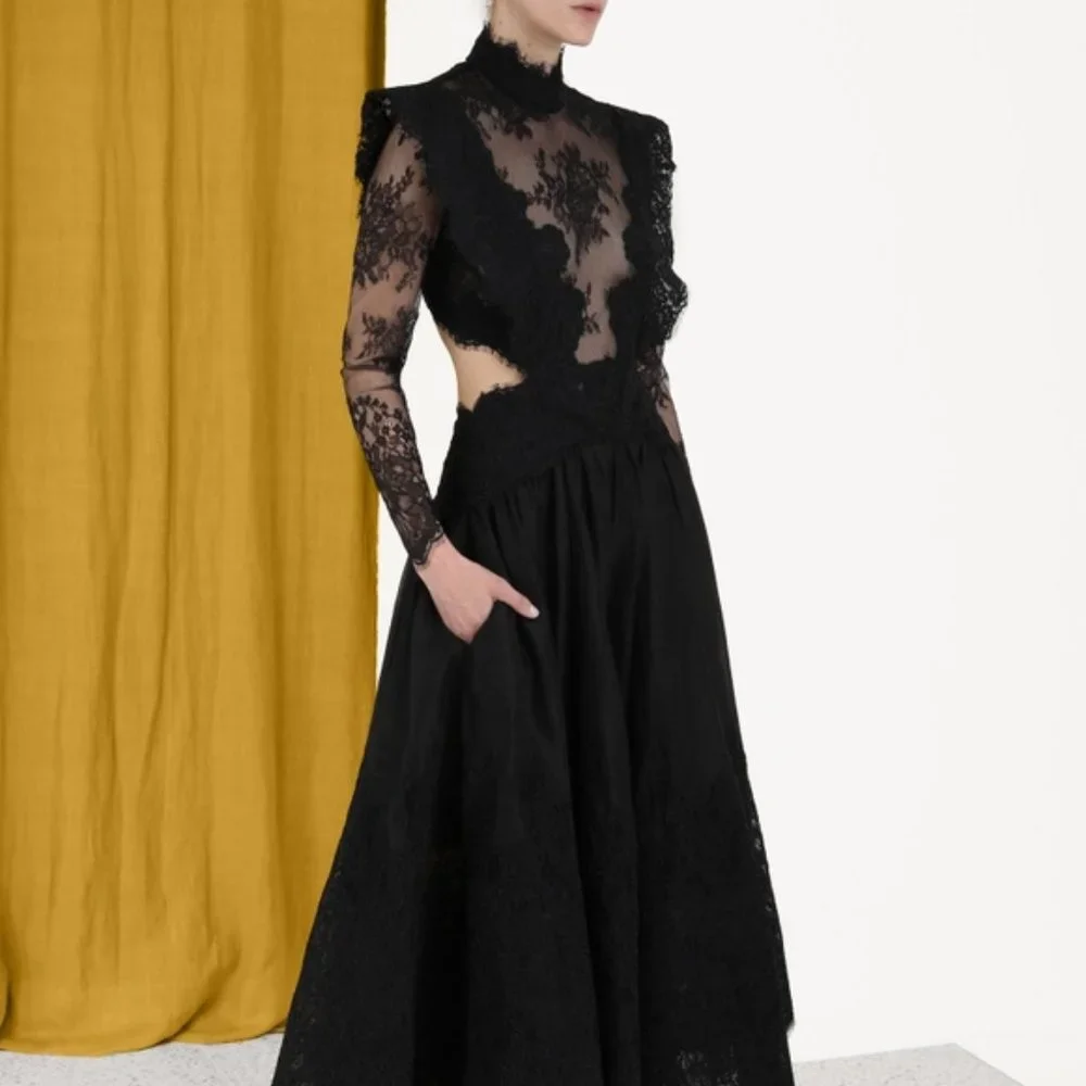 NWOT Authentic ZIMMERMANN Sensory lace linen and silk midi dress Size 1 Black - Picture 5 of 16